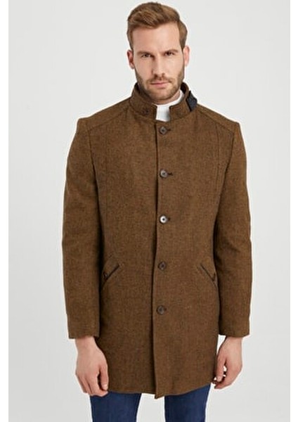 Hardal Yün Karışımlı Dik Yaka Kaban Kalın Dokuma Kadın Casual Stil