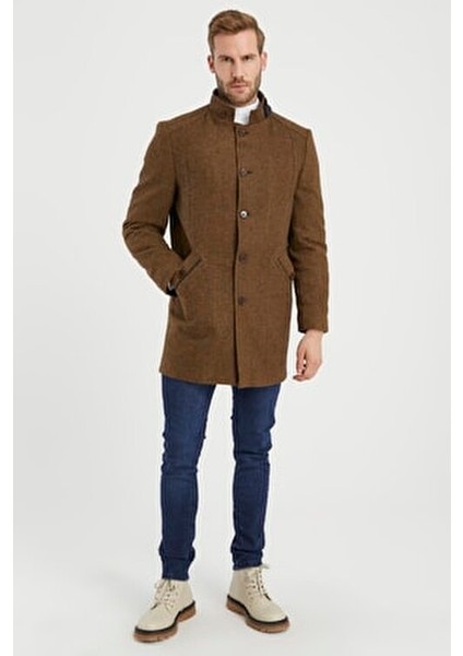 Hardal Yün Karışımlı Dik Yaka Kaban Kalın Dokuma Kadın Casual Stil