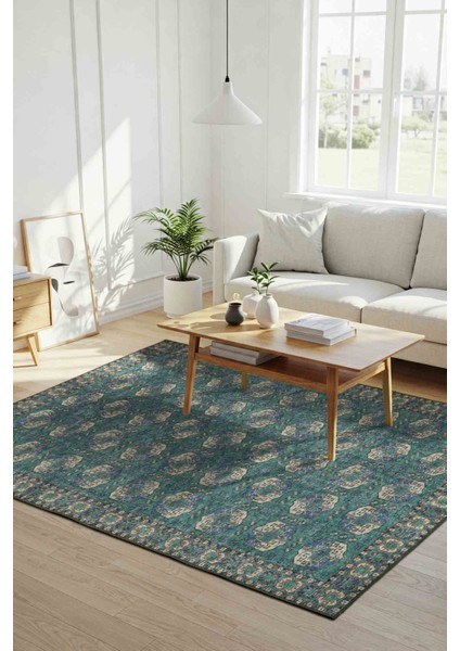 Relic Yeşil / Mavi Vintage Dokulu Klasik Desenli Dokuma Tabanlı Şönil Halı Al 472