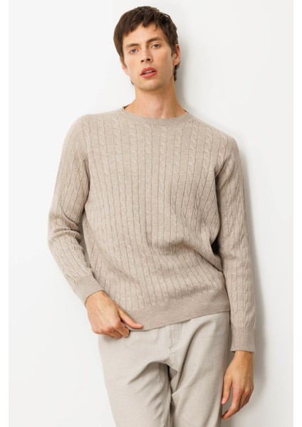 Erkek Sıfır Yaka Saç Örgülü Kazak Vizon