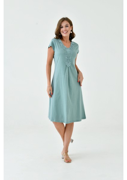 Kadın Yakası Güpürlü A Kesim Yarım Kol Viskon Günlük Midi Boy Büyük Beden Elbise Gecelik