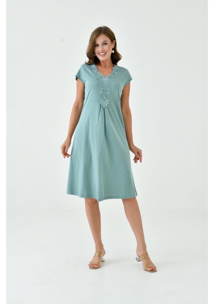 Kadın Yakası Güpürlü A Kesim Yarım Kol Viskon Günlük Midi Boy Büyük Beden Elbise Gecelik fiyatları