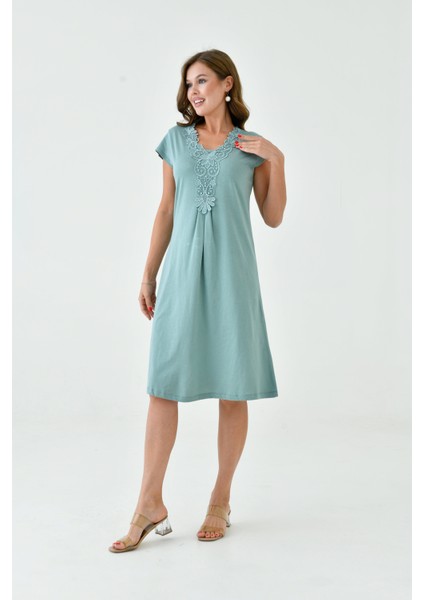 Kadın Yakası Güpürlü A Kesim Yarım Kol Viskon Günlük Midi Boy Büyük Beden Elbise Gecelik fırsatları