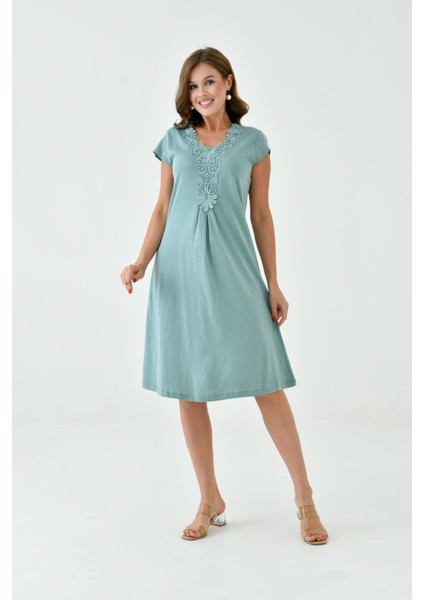 Kadın Yakası Güpürlü A Kesim Yarım Kol Viskon Günlük Midi Boy Büyük Beden Elbise Gecelik indirimleri