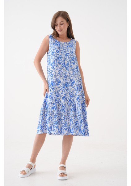 Kadın Bisiklet Yaka Kolsuz Eteği Volanlı Yazlık Desenli Büyük Beden Curve Dokuma Elbise