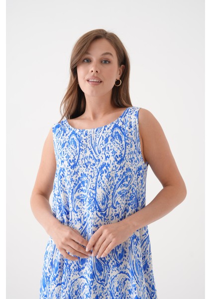 Kadın Bisiklet Yaka Kolsuz Eteği Volanlı Yazlık Desenli Büyük Beden Curve Dokuma Elbise fiyatları