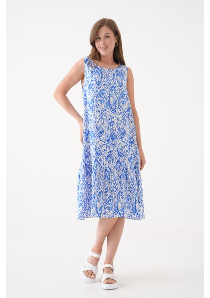 Kadın Bisiklet Yaka Kolsuz Eteği Volanlı Yazlık Desenli Büyük Beden Curve Dokuma Elbise modelleri