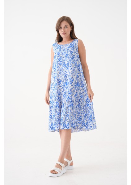 Kadın Bisiklet Yaka Kolsuz Eteği Volanlı Yazlık Desenli Büyük Beden Curve Dokuma Elbise fırsatları