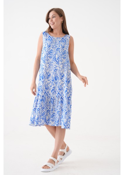 Kadın Bisiklet Yaka Kolsuz Eteği Volanlı Yazlık Desenli Büyük Beden Curve Dokuma Elbise indirimleri