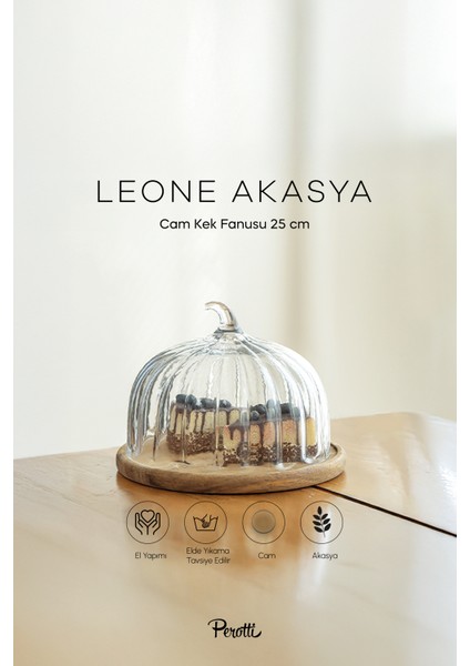Leone Bal Kabağı Akasya Tabanlı Cam Kek Fanusu 25 cm Orta Boy