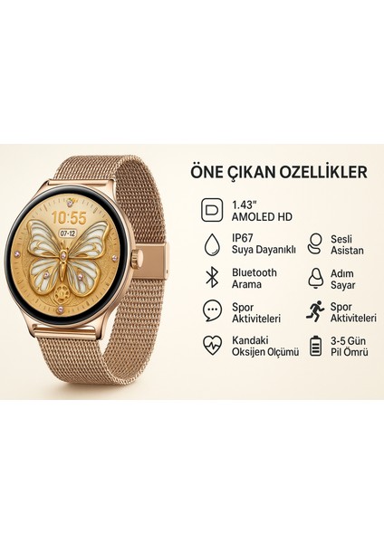 Realme 12 Uyumlu Şık Kadın Akıllı Saat – Su Geçirmez, Yuvarlak Çelik Kasa, Metal Kordon modelleri