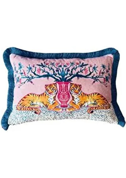 Dekoratif Kaplan Desenli Tasarım Pembe Kadife Yastık Kılıfı