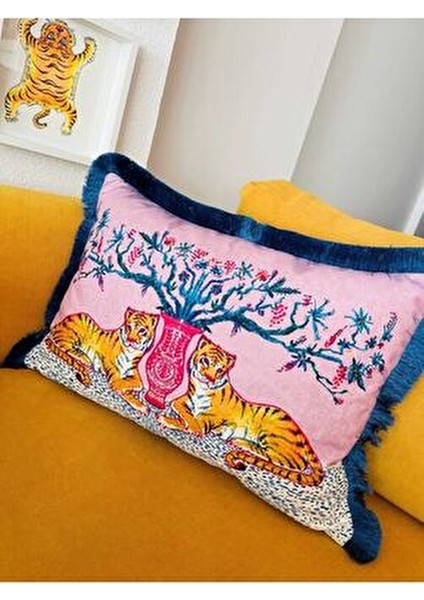 Dekoratif Kaplan Desenli Tasarım Pembe Kadife Yastık Kılıfı indirimleri