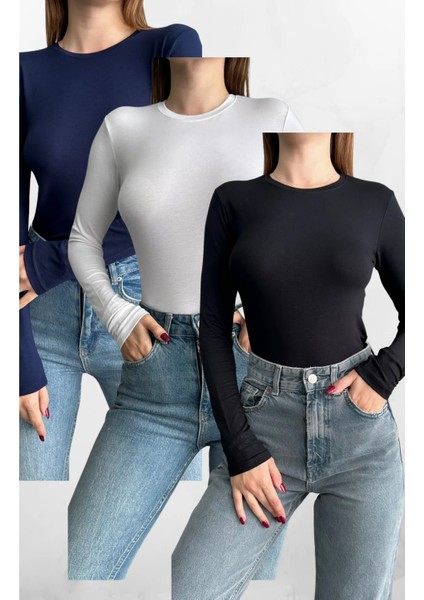 Siyah-Beyaz-Lacivert 3'lü Bisiklet Yaka Basic Uzun Kollu Body Siyah-Beyaz-Lacivert / Standart
