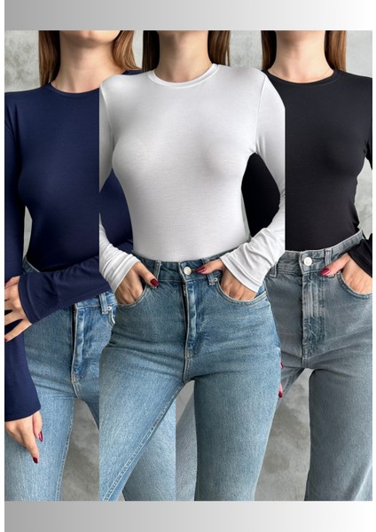 Siyah-Beyaz-Lacivert 3'lü Bisiklet Yaka Basic Uzun Kollu Body Siyah-Beyaz-Lacivert / Standart