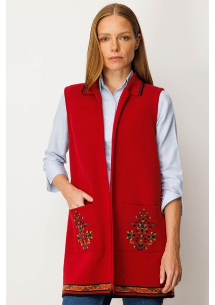 Kadın Polo Yaka Etek Ucu Kilim Desenli Uzun Yün Yelek K.kırmızı
