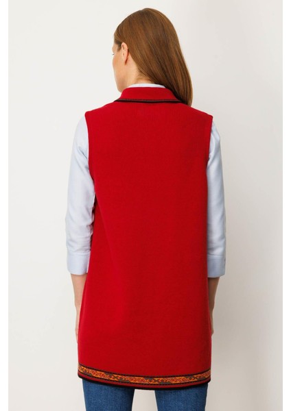 Kadın Polo Yaka Etek Ucu Kilim Desenli Uzun Yün Yelek K.kırmızı modelleri