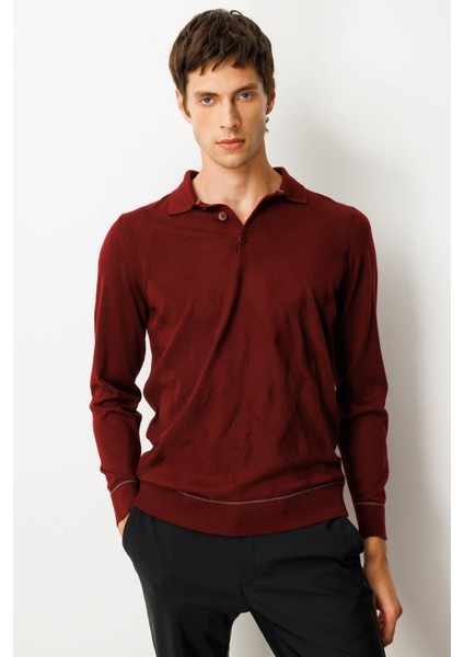 Erkek Polo Yaka Çizgili Baklavalı Yün Kazak Bordo