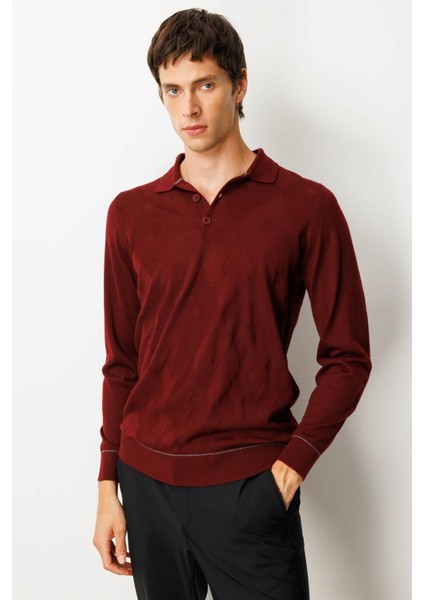 Erkek Polo Yaka Çizgili Baklavalı Yün Kazak Bordo fırsatları