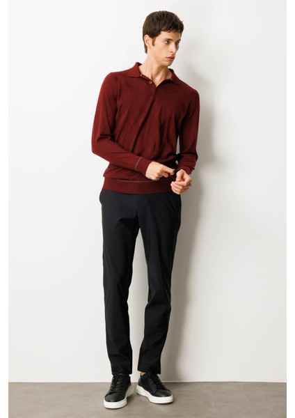 Erkek Polo Yaka Çizgili Baklavalı Yün Kazak Bordo indirimleri