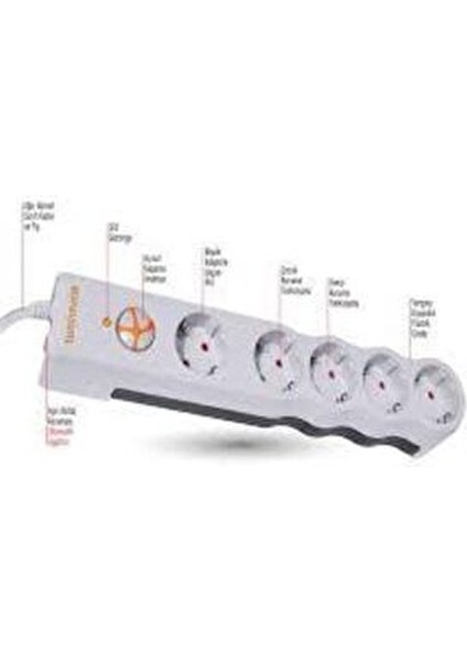 Akım Korumalı Kablolu 5'li Priz