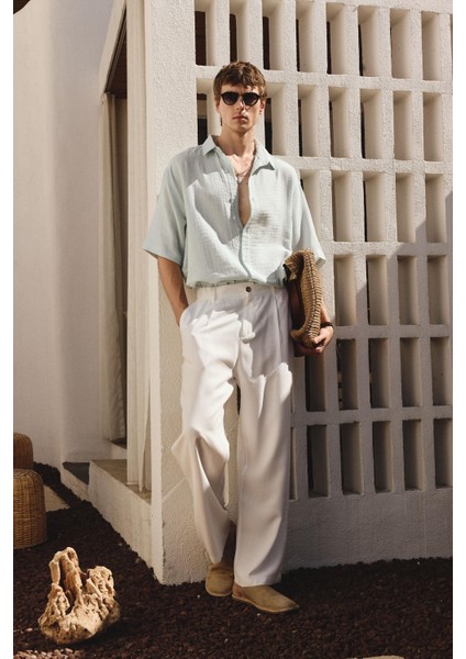 Oversize Kısa Kollu Müslin Kumaş Gömlek Mavi