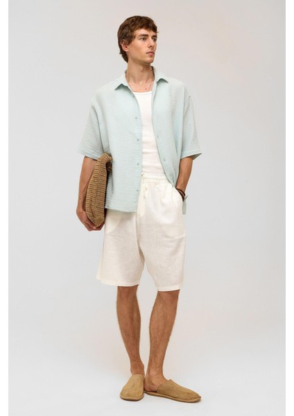 Oversize Kısa Kollu Müslin Kumaş Gömlek Mavi modelleri