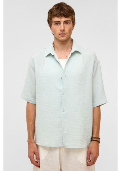 Oversize Kısa Kollu Müslin Kumaş Gömlek Mavi fırsatları