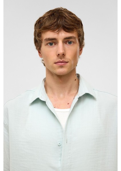 Oversize Kısa Kollu Müslin Kumaş Gömlek Mavi indirimleri