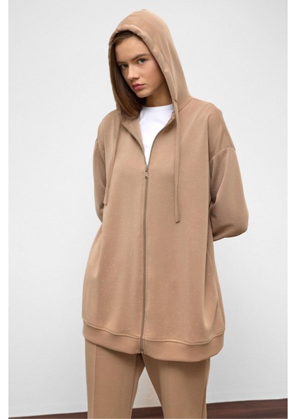 Kapüşonlu Fermuarlı Taş Bezeli Premium Kumaş Sweat Pantolon Takım Kamel 9371-TK fırsatları