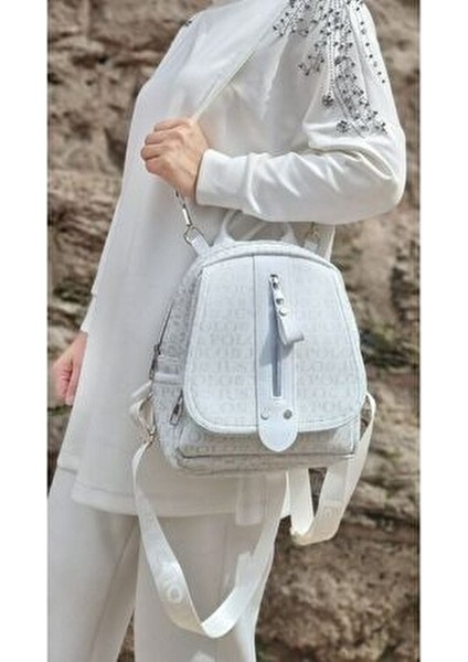 Kadın Beyaz Monogram Baskılı Sırt Çantası Günlük Kullanım Için