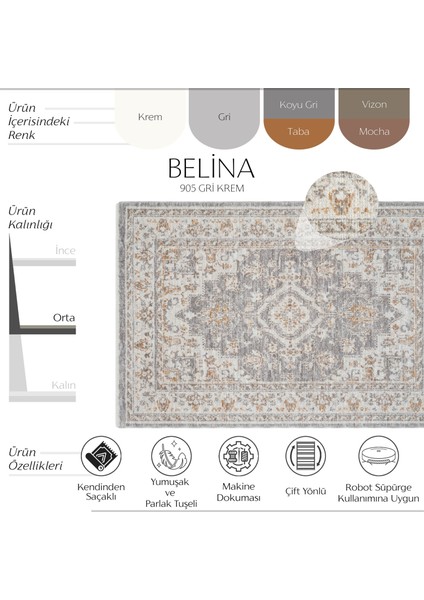 Belina Krem Gri Etnik Desen Vintage Halı Klasik Dokuma Bukle Ev Oturma Odası Salon Halısı modelleri
