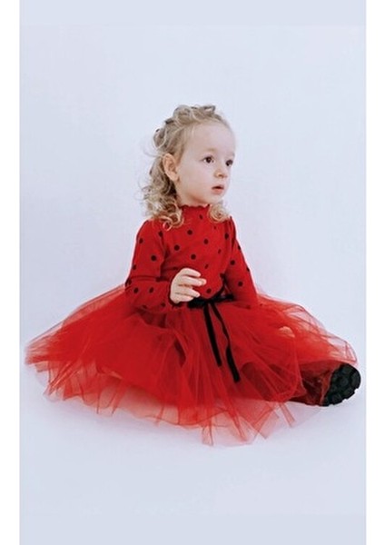 Linda Kız Çocuk Prenses Kabarık Tütü Elbise Uzun Kol Puantiyeli Esnek Likralı Kırmızı Tüllü Yılbaşı Hediyesi modelleri