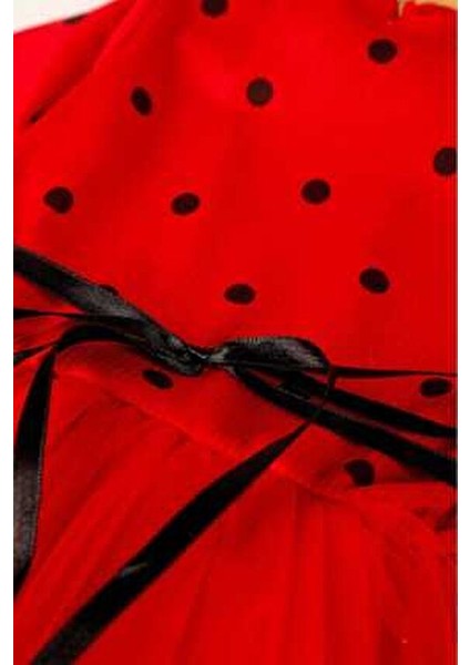 Linda Kız Çocuk Prenses Kabarık Tütü Elbise Uzun Kol Puantiyeli Esnek Likralı Kırmızı Tüllü Yılbaşı Hediyesi