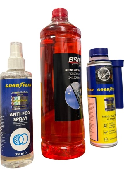 Konsantre Cam Suyu 1 Litre, Dizel Enjektör Temizleyici 300 ml ve Buğu Önleyici Sprey Takım Seti