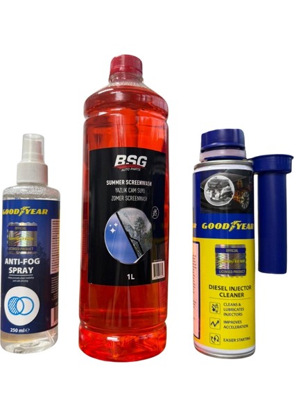 Konsantre Cam Suyu 1 Litre, Dizel Enjektör Temizleyici 300 ml ve Buğu Önleyici Sprey Takım Seti modelleri