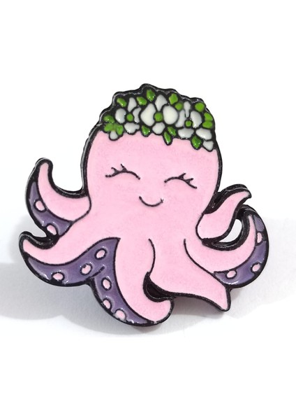 Gülümseyen Pembe Ahtapot Rozet, Çiçek, Deniz, Çanta Süsü, Çocuk Rozet, Kadın Broş.