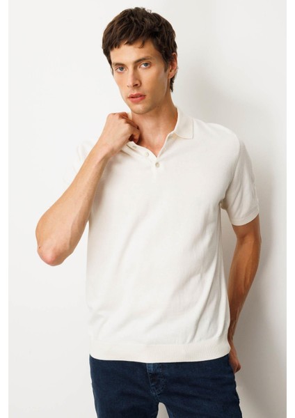 Erkek Polo Yaka %100 Pamuk Kısa Kol Ince Triko Krem