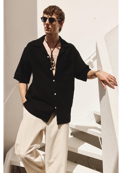 Oversize Kısa Kollu Müslin Kumaş Gömlek Siyah