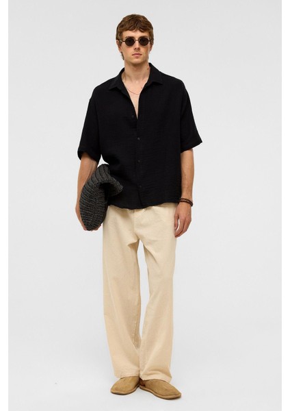 Oversize Kısa Kollu Müslin Kumaş Gömlek Siyah fiyatları