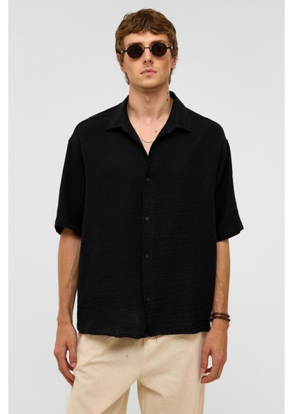 Oversize Kısa Kollu Müslin Kumaş Gömlek Siyah modelleri