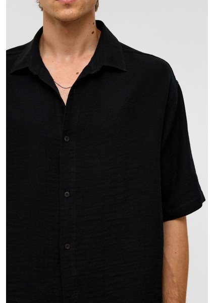 Oversize Kısa Kollu Müslin Kumaş Gömlek Siyah indirimleri