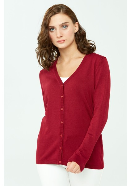 Kadın Likralı Basic Uzun Kollu V Yaka Hırka Vişne