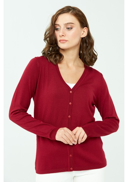 Kadın Likralı Basic Uzun Kollu V Yaka Hırka Vişne fiyatları