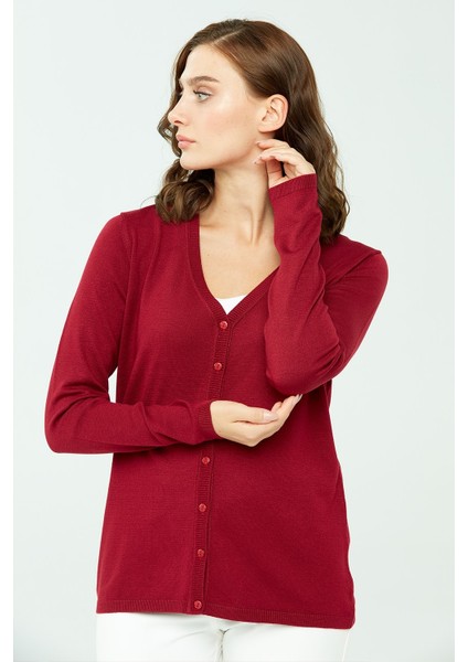 Kadın Likralı Basic Uzun Kollu V Yaka Hırka Vişne fırsatları