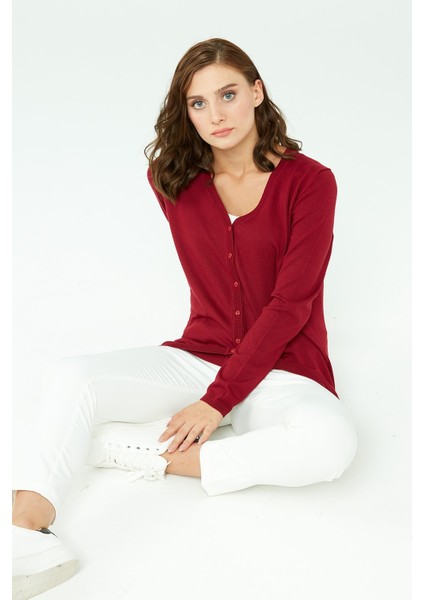 Kadın Likralı Basic Uzun Kollu V Yaka Hırka Vişne indirimleri