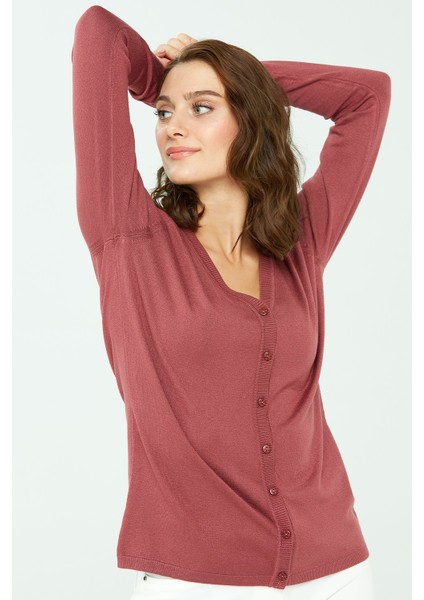 Kadın Likralı Basic Uzun Kollu V Yaka Hırka Gül Kurusu