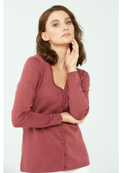 Kadın Likralı Basic Uzun Kollu V Yaka Hırka Gül Kurusu fiyatları