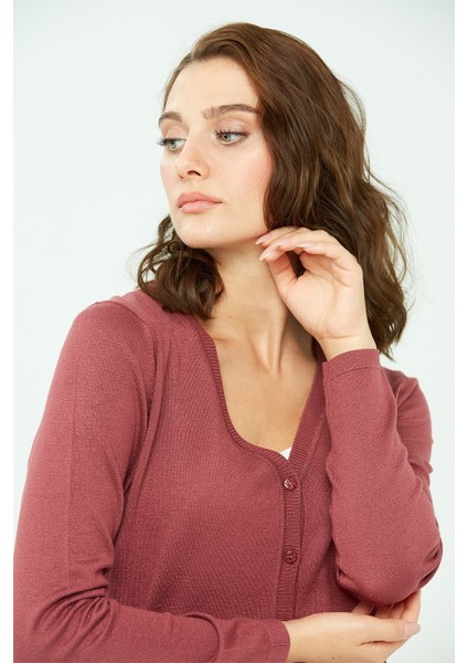 Kadın Likralı Basic Uzun Kollu V Yaka Hırka Gül Kurusu fırsatları