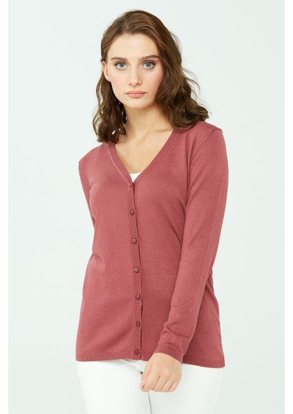 Kadın Likralı Basic Uzun Kollu V Yaka Hırka Gül Kurusu indirimleri